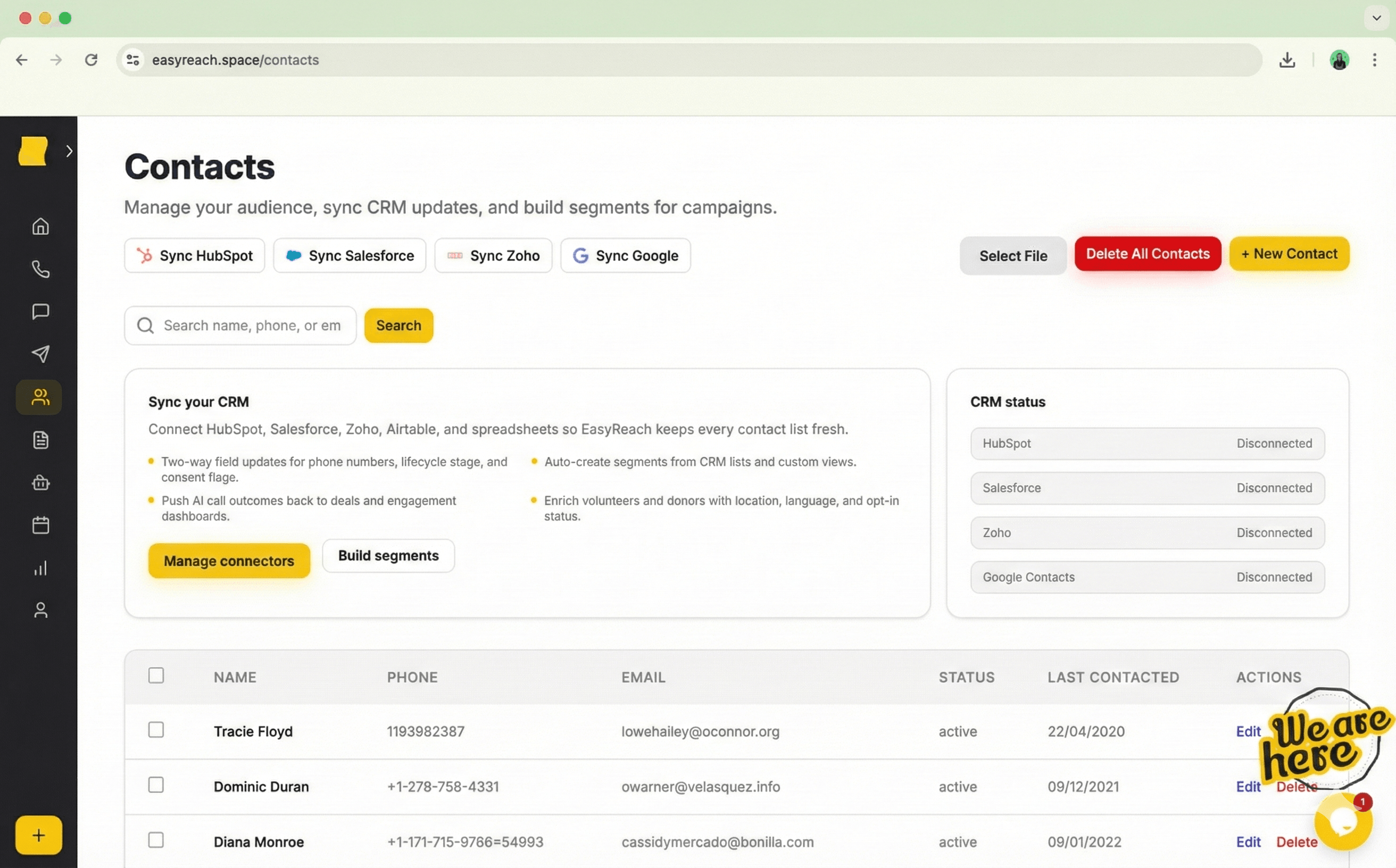 A clean UI showing a CSV file being dragged and dropped, with a progress bar and validation checkmarks.