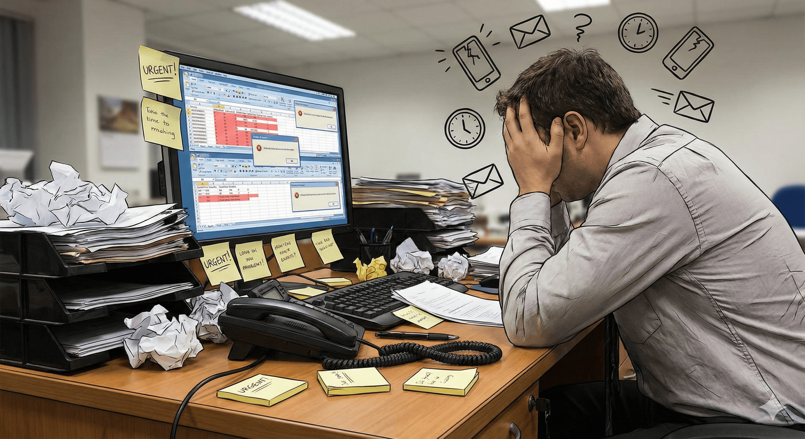 Chaotic desk with tangled wires, papers, and frustrated icons